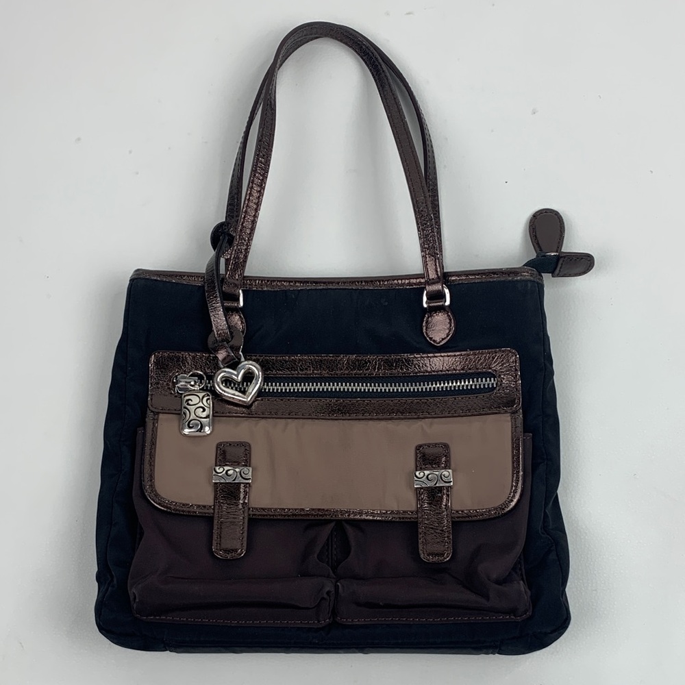 Brighton Black Brown Nylon Handbag Crossbody Silver Zip Heart Charm Lined